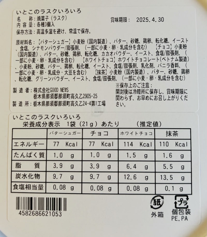 パッケージ裏の商品詳細の記載